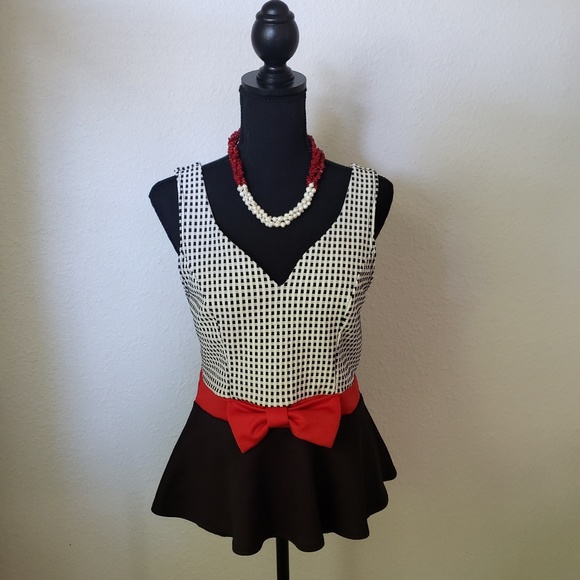 Papaya Tops - Sexy Papaya Flared Peplum Top with Red Bow